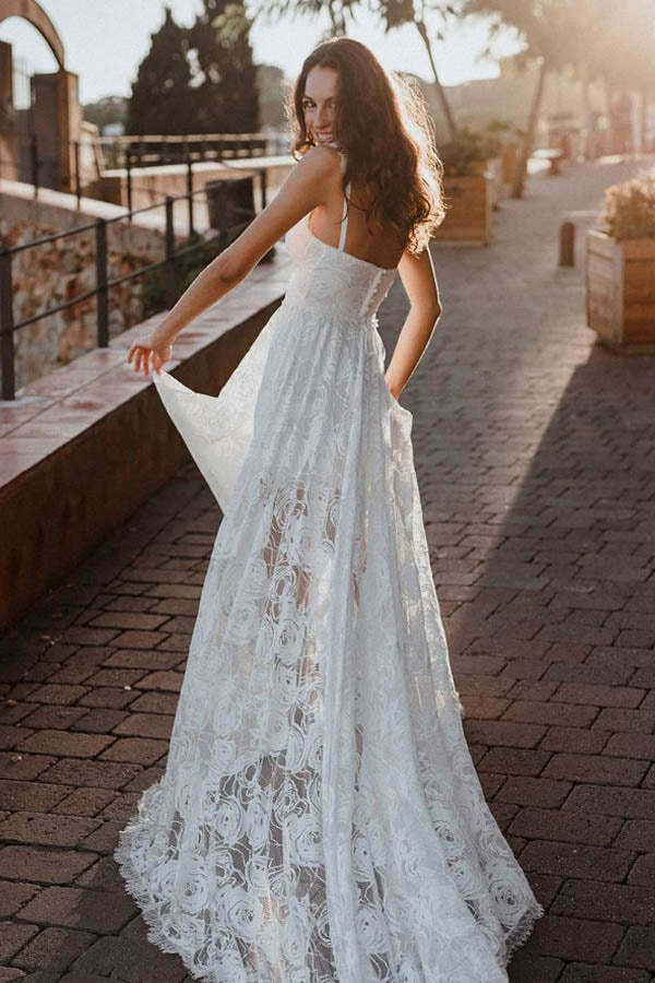 Sweetheart Rose Lace Boho Wedding Dress With Slit