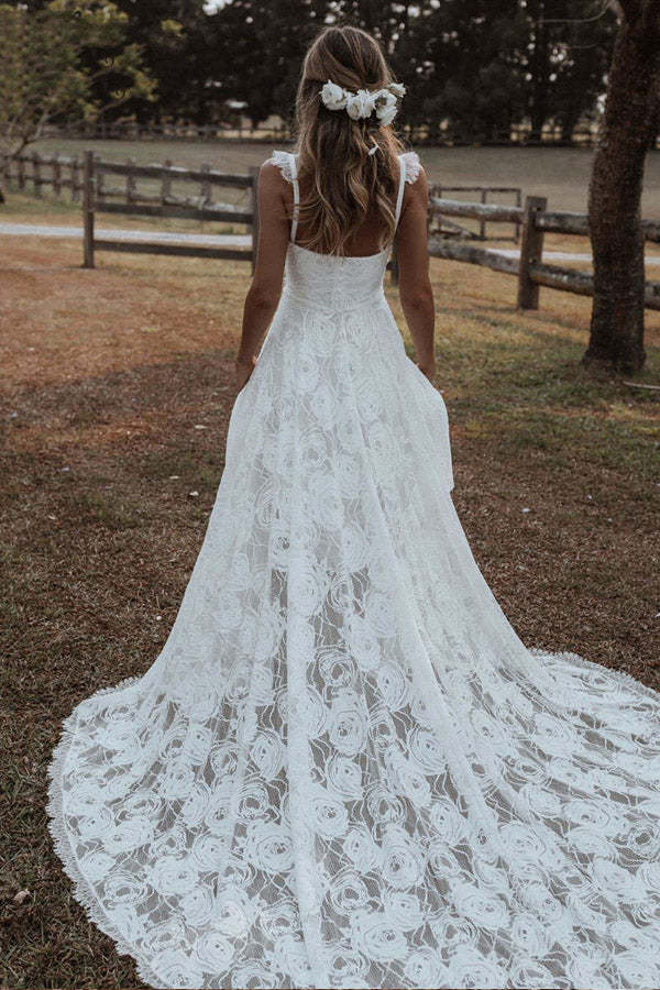Sweetheart Rose Lace Boho Wedding Dress With Slit