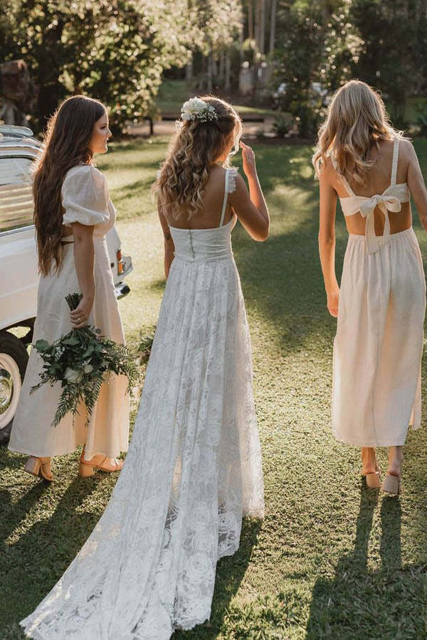 Sweetheart Rose Lace Boho Wedding Dress With Slit