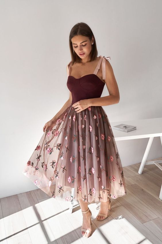 Sweetheart Tea Length Tulle Prom Dresses Floral Skirt Party Dresses