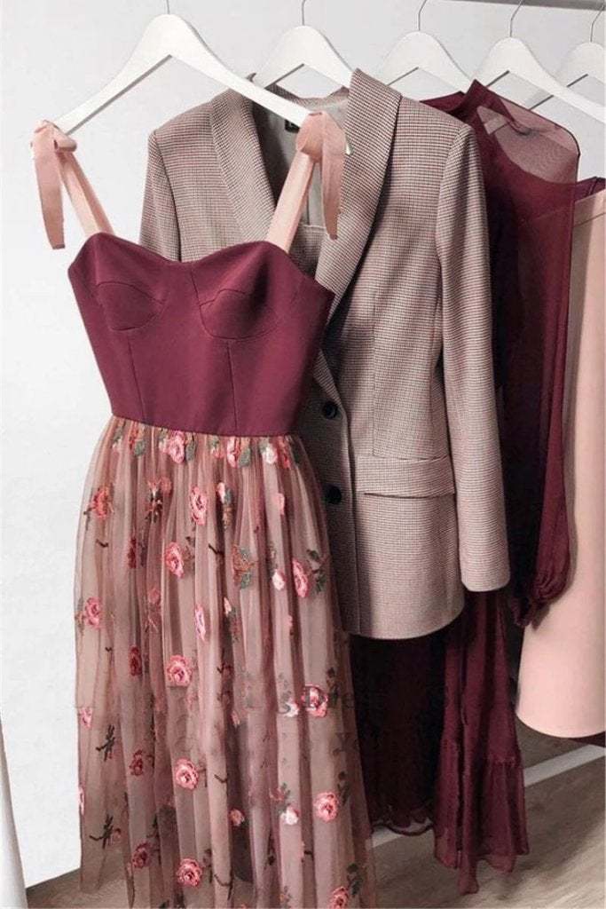 Sweetheart Tea Length Tulle Prom Dresses Floral Skirt Party Dresses