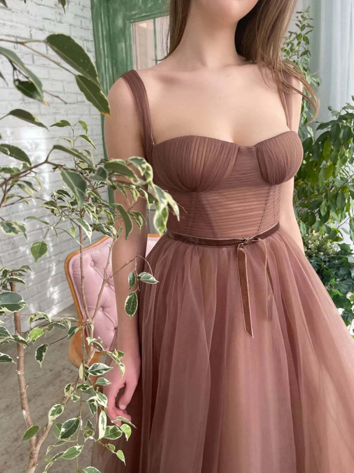 Tea Length Brown Tulle Prom Homecoming Dresses, Brown Formal Graduation Evening Dresses