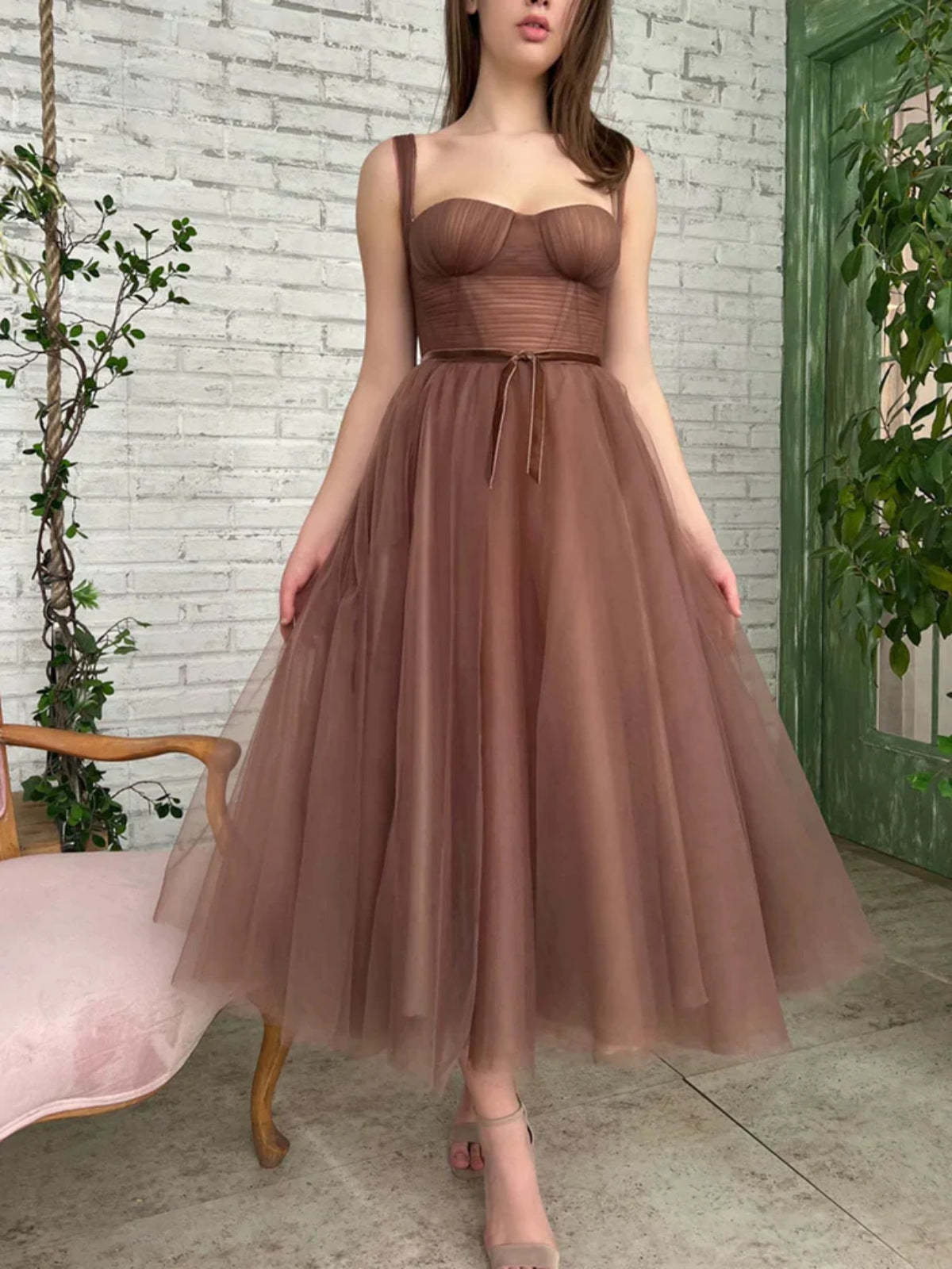 Tea Length Brown Tulle Prom Homecoming Dresses, Brown Formal Graduation Evening Dresses