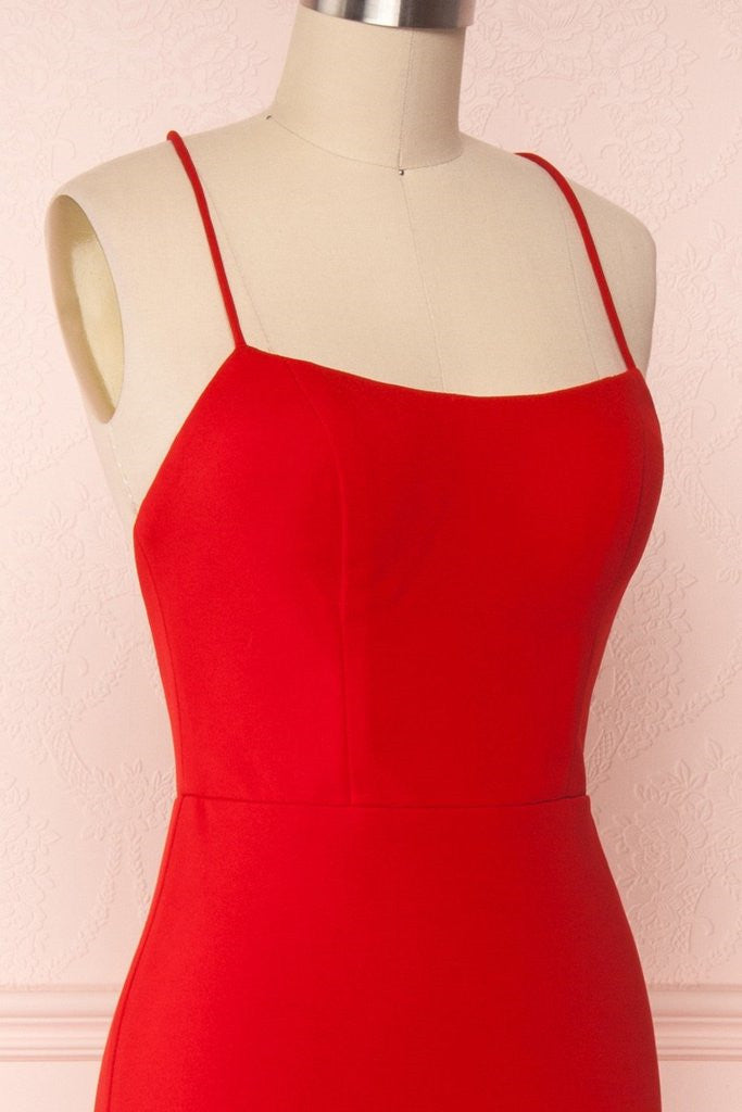 Thin Straps Backless Mermaid Red Prom Dresses, Red Mermaid Formal Dresses, Backless Red Evening Dresses