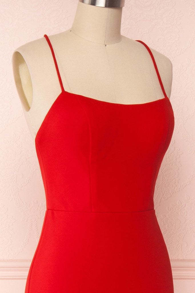 Thin Straps Backless Mermaid Red Prom Dresses, Red Mermaid Formal Dresses, Backless Red Evening Dresses
