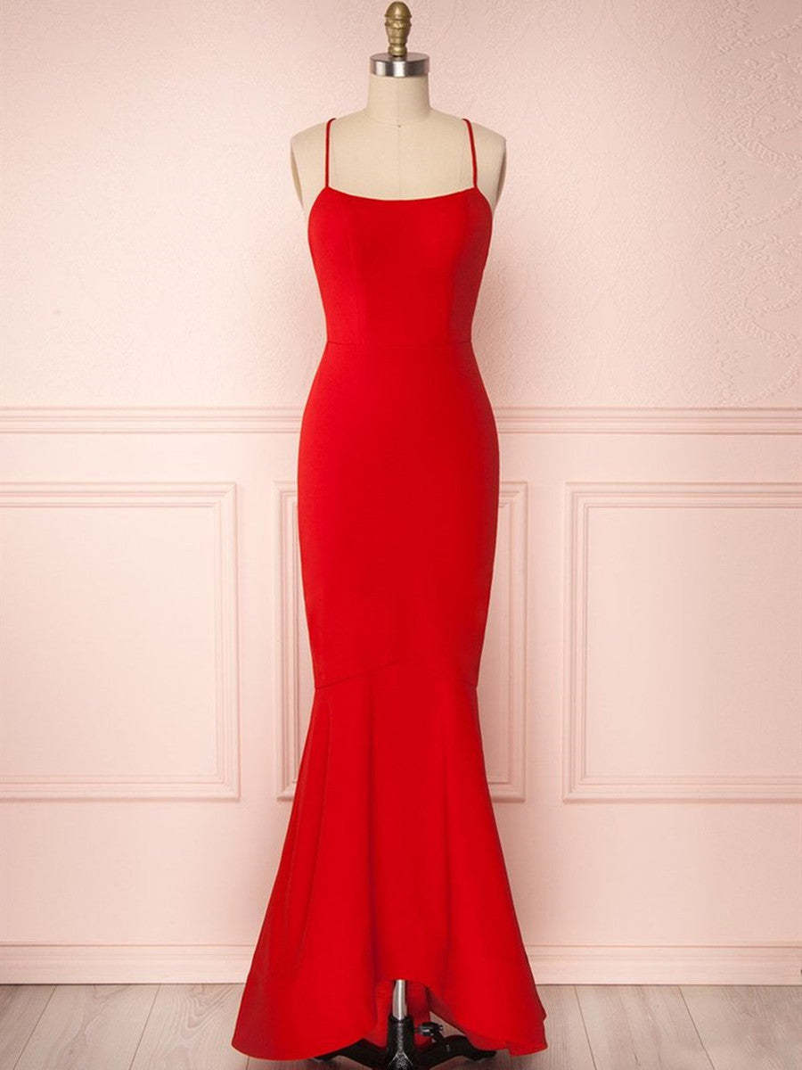 Thin Straps Backless Mermaid Red Prom Dresses, Red Mermaid Formal Dresses, Backless Red Evening Dresses