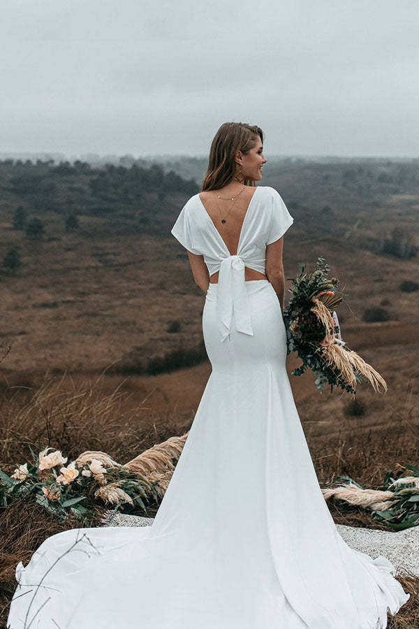 Trumpet Short Sleeve Stretch Satin Wedding Dress