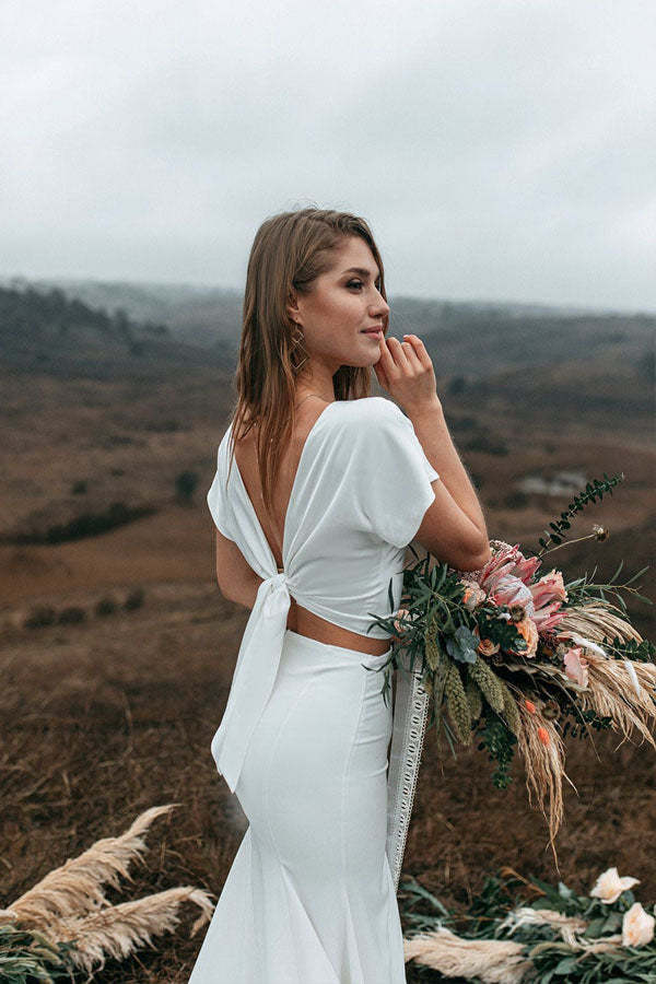 Trumpet Short Sleeve Stretch Satin Wedding Dress