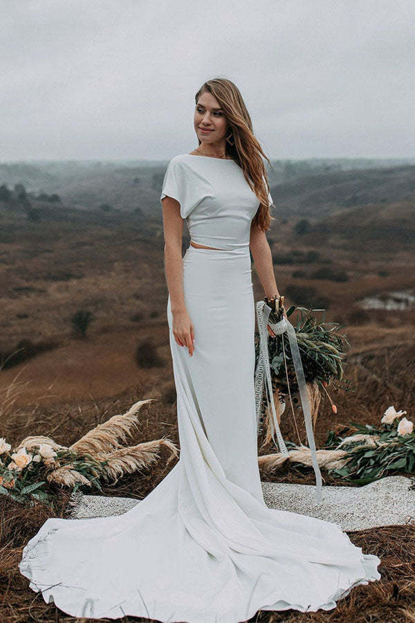 Trumpet Short Sleeve Stretch Satin Wedding Dress