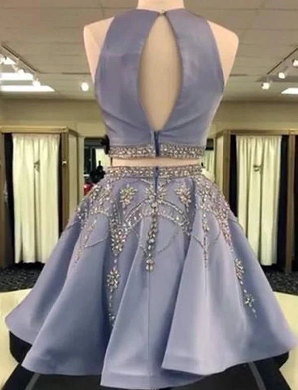 Two Piece Scoop Satin Short Homecoming Dress With Rhinestone