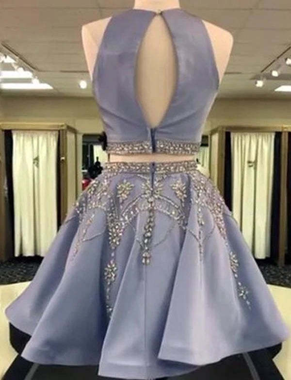 Two Piece Scoop Satin Short Homecoming Dress With Rhinestone