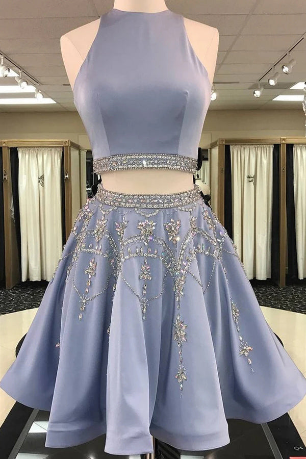 Two Piece Scoop Satin Short Homecoming Dress With Rhinestone