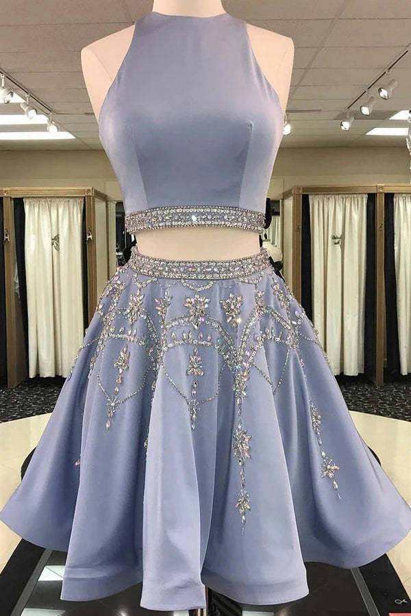 Two Piece Scoop Satin Short Homecoming Dress With Rhinestone