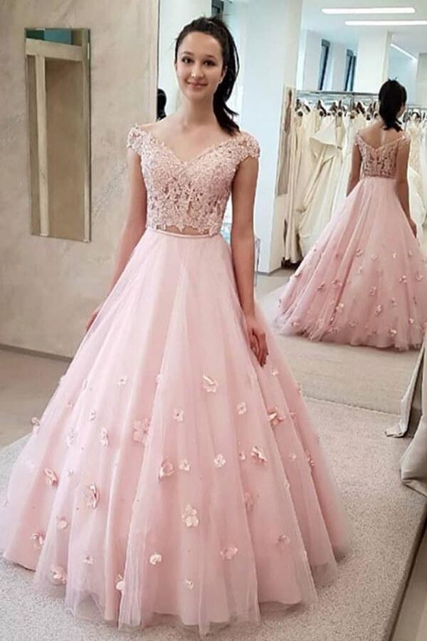 Two Piece Lace Junior Prom Dress With 3D Flowers