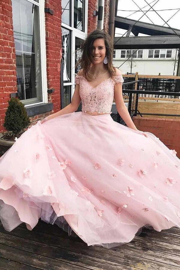 Two Piece Lace Junior Prom Dress With 3D Flowers