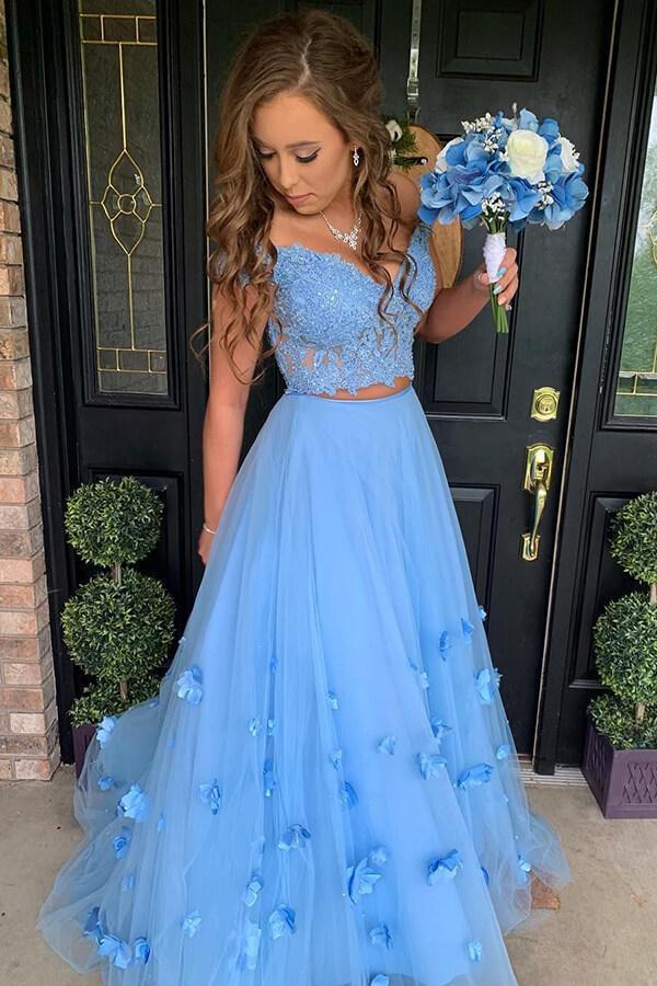 Two Piece Lace Junior Prom Dress With 3D Flowers