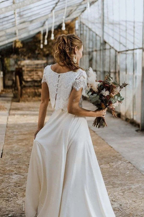 Two-piece Lace Top Ivory Chiffon Wedding Dress