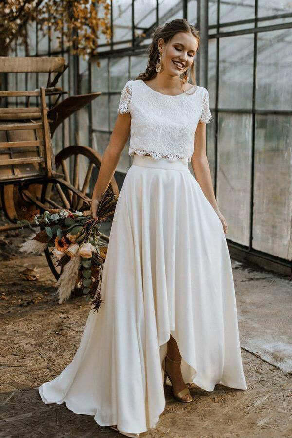 Two-piece Lace Top Ivory Chiffon Wedding Dress