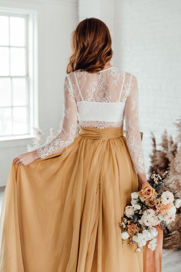 Two Piece Long Sleeve Wedding Dress Rustic Marigold Skirt Bridal Gown