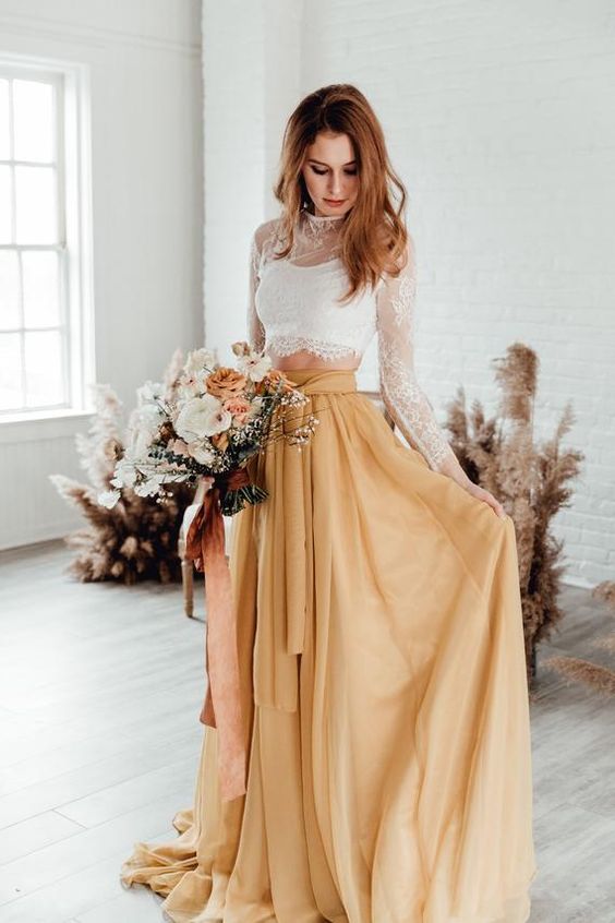 Two Piece Long Sleeve Wedding Dress Rustic Marigold Skirt Bridal Gown