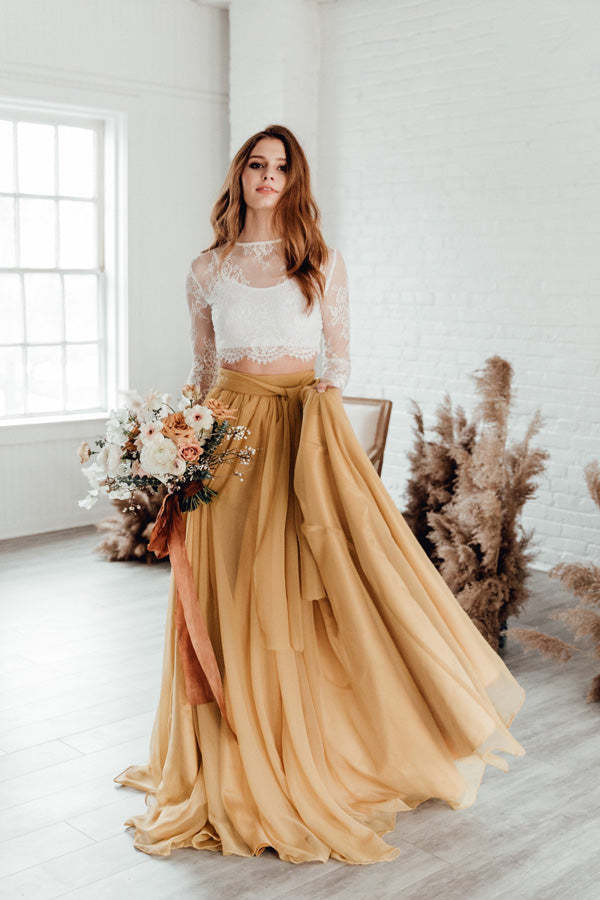 Two Piece Long Sleeve Wedding Dress Rustic Marigold Skirt Bridal Gown