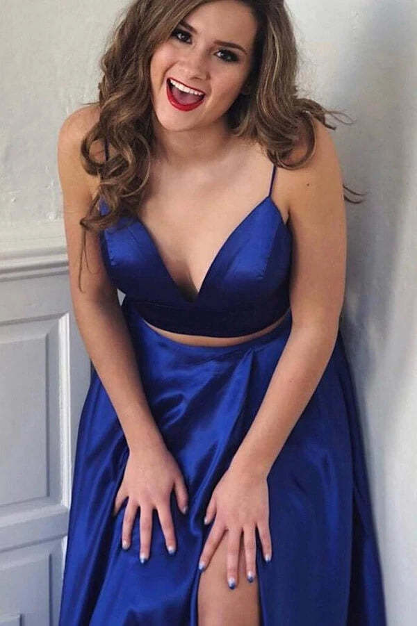 Two Piece Royal Blue  Prom Dress With Front Split