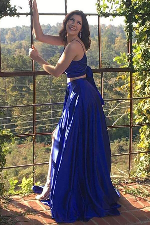 Two Piece Royal Blue  Prom Dress With Front Split