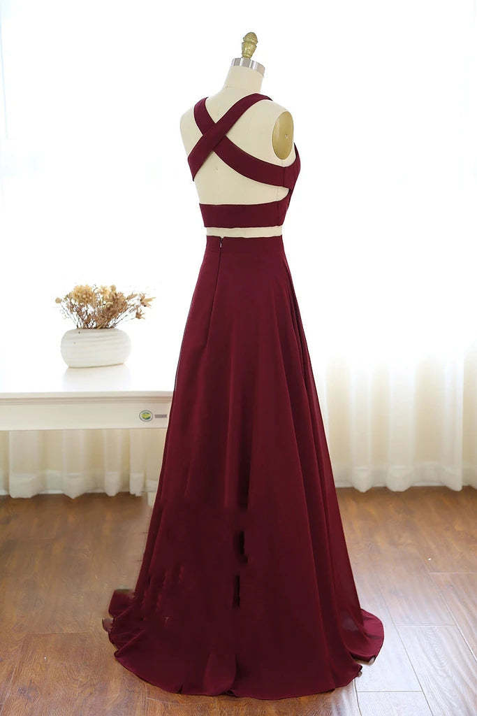 Two Piece V Neck Burgundy Chiffon Long Prom Dress