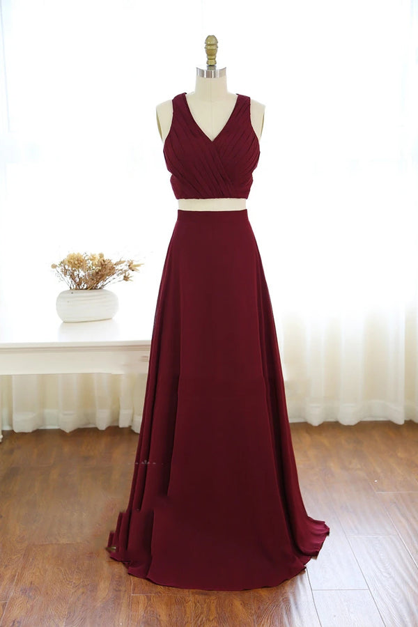 Two Piece V Neck Burgundy Chiffon Long Prom Dress