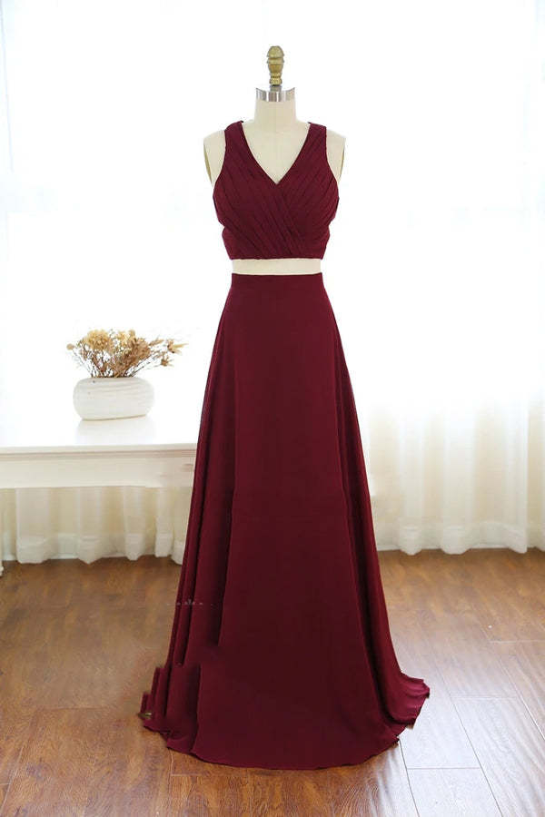 Two Piece V Neck Burgundy Chiffon Long Prom Dress