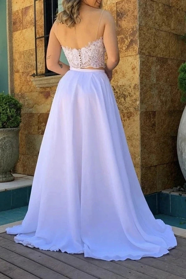Two Piece White Chiffon Beach Wedding Dress
