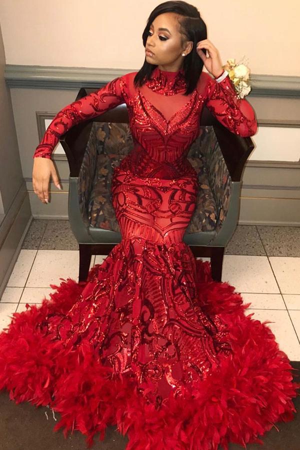 Unique Mermaid High Collar Long Sleeve Prom Dress With Feather