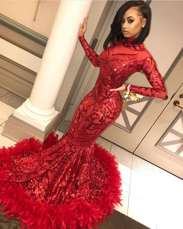 Unique Mermaid High Collar Long Sleeve Prom Dress With Feather