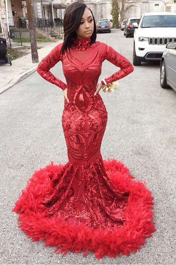 Unique Mermaid High Collar Long Sleeve Prom Dress With Feather