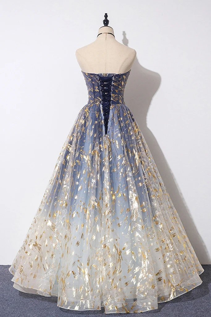 Unique Strapless Ombre Blue Tulle Prom Dress Princess Evening Dress