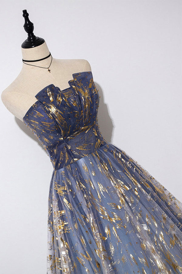 Unique Strapless Ombre Blue Tulle Prom Dress Long Evening Dress