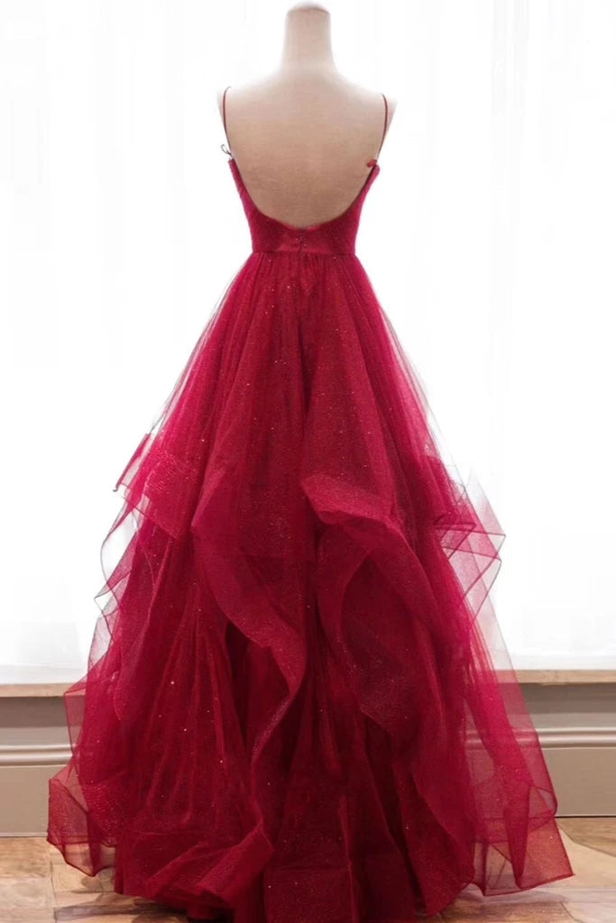 V Neck Backless Burgundy Tulle Long Prom Dress