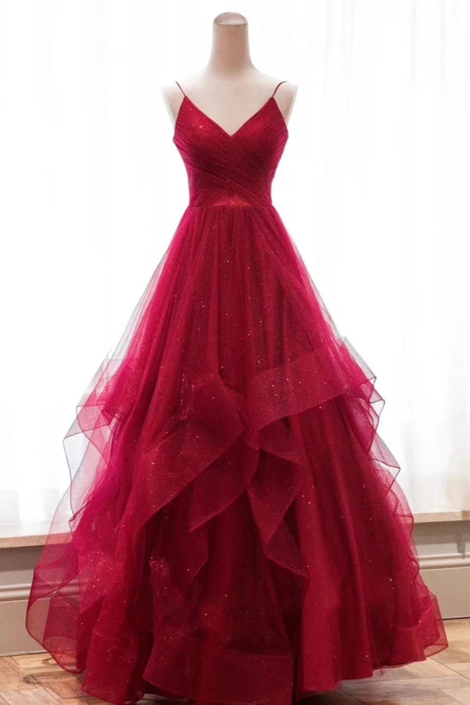 V Neck Backless Burgundy Tulle Long Prom Dress