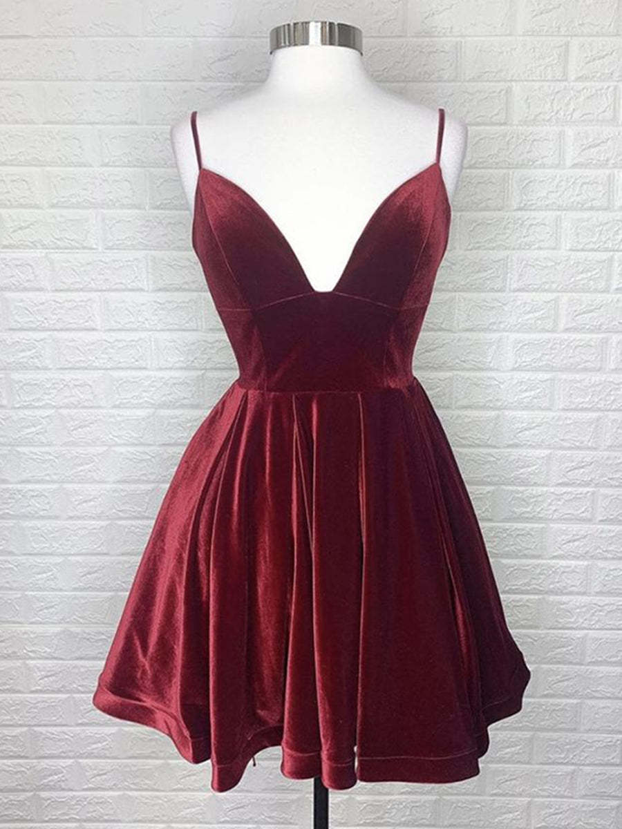 V Neck Backless Burgundy Velvet Short Prom Dresses, Short Burgundy Formal Graduation Homecoming Dresses
