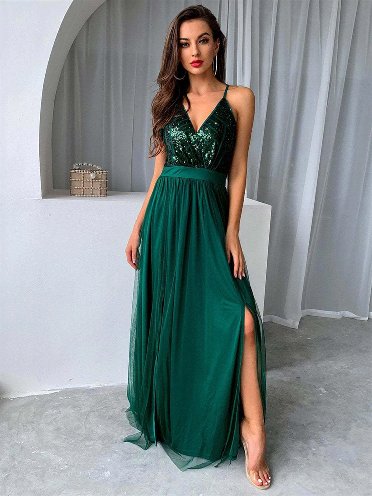 V Neck Backless Green Long Prom Dresses with Sequins Top, Backless Green Formal Graduation Evening Dresses