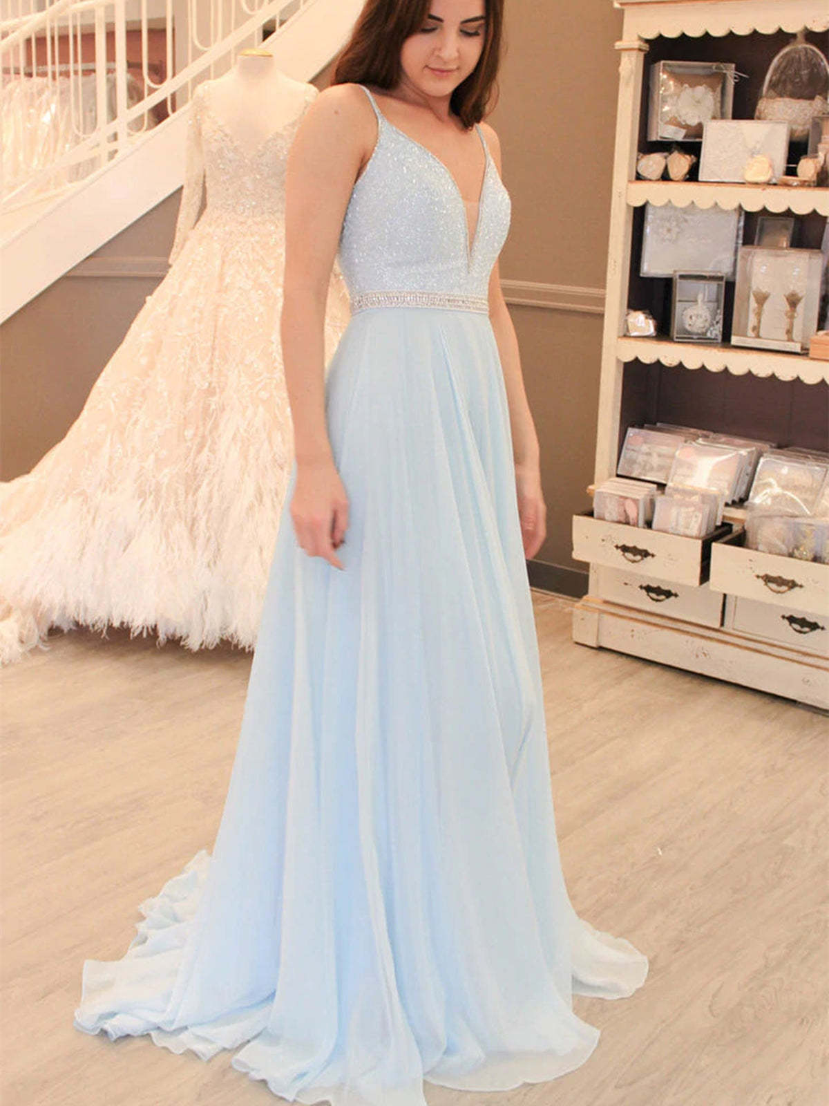V Neck Beaded Baby Blue Long Prom Dresses, Open Back Beaded Baby Blue Formal Evening Dresses