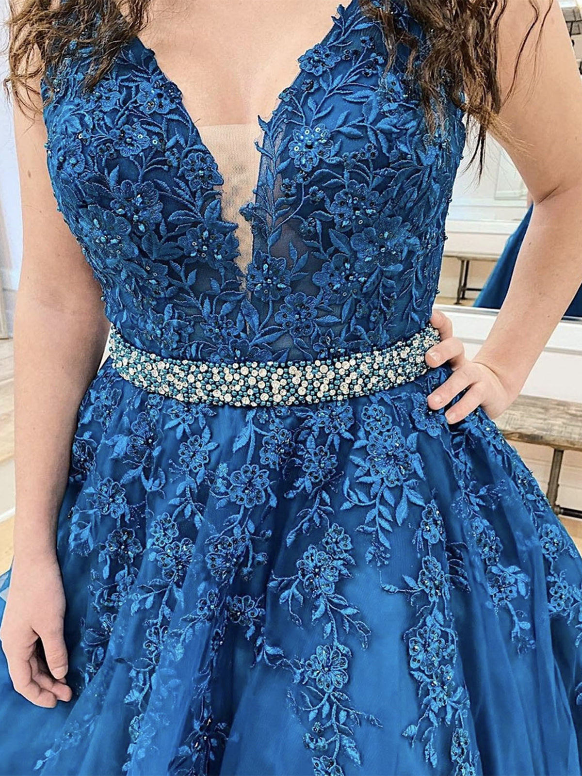 V Neck Beaded Blue Lace Floral Long Prom Dresses, Blue Lace Formal Evening Dresses with Appliques