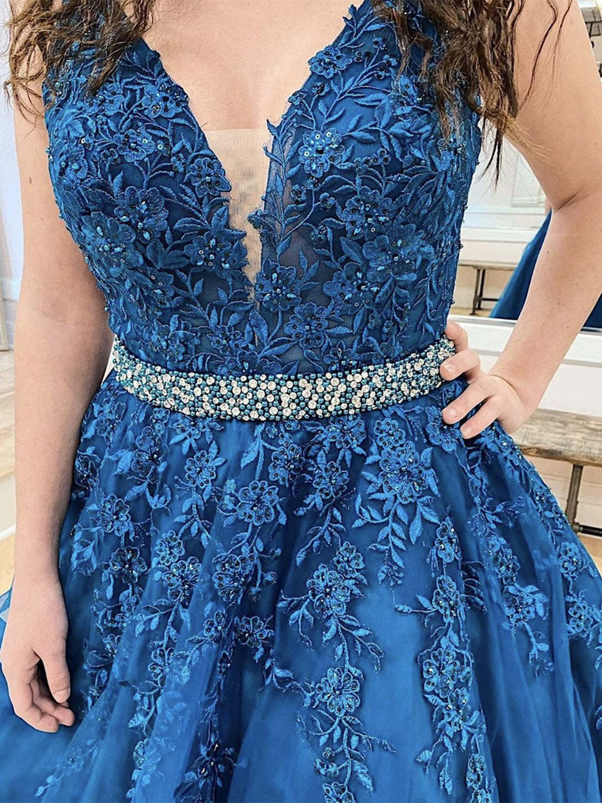 V Neck Beaded Blue Lace Floral Long Prom Dresses, Blue Lace Formal Evening Dresses with Appliques