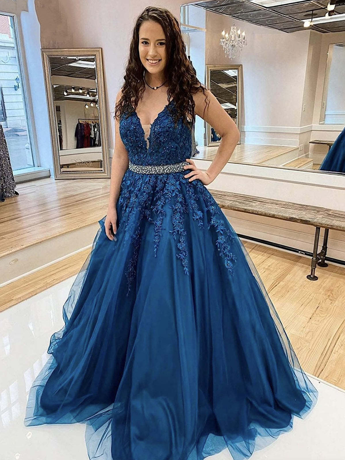 V Neck Beaded Blue Lace Floral Long Prom Dresses, Blue Lace Formal Evening Dresses with Appliques