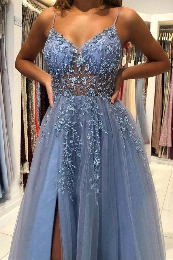 V Neck Blue Tulle Long Prom Dress Beaded Evening Dress
