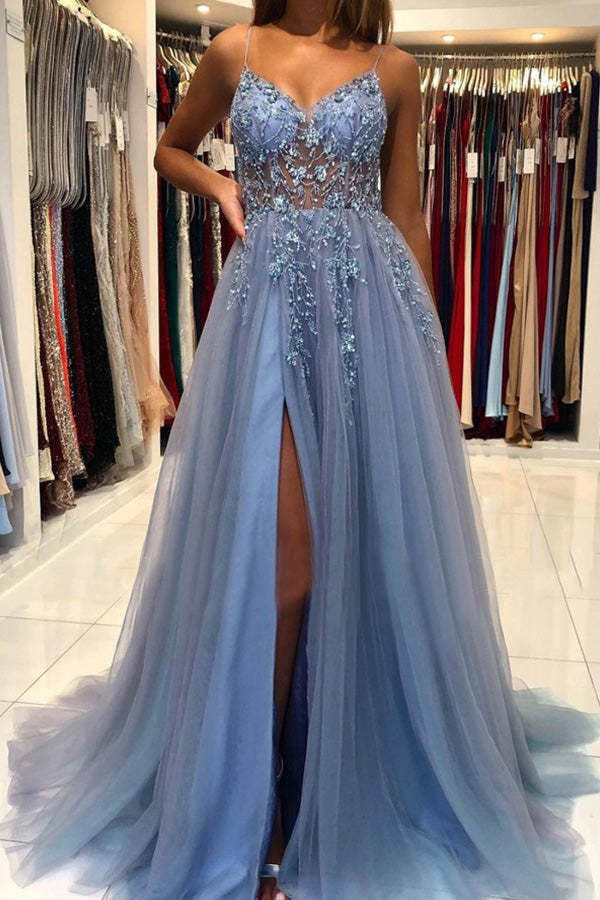 V Neck Blue Tulle Long Prom Dress Beaded Evening Dress