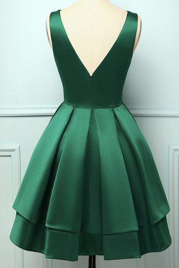 V Neck Green Satin Homecoming Dress