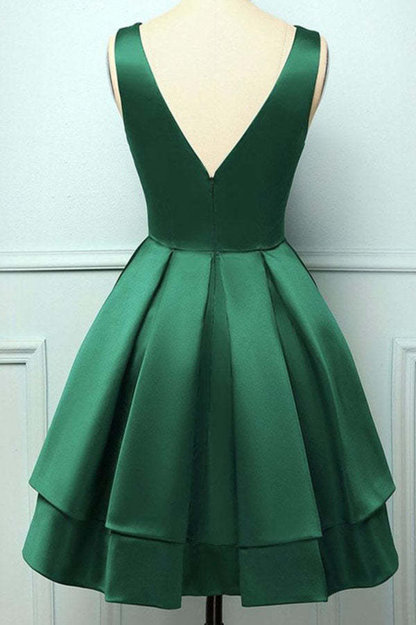 V Neck Green Satin Homecoming Dress