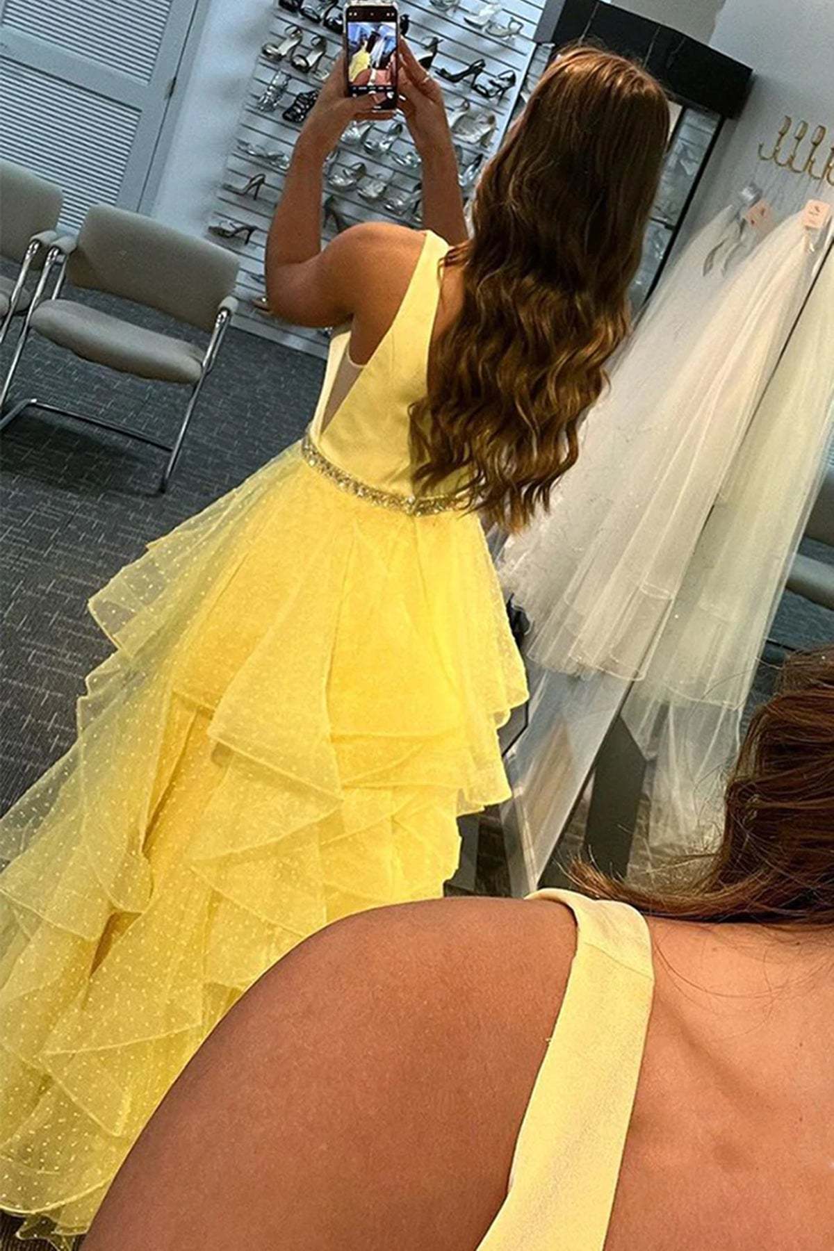 V Neck Layered Yellow Tulle Long Prom Dresses with Belt, V Neck Yellow Formal Graduation Evening Dresses