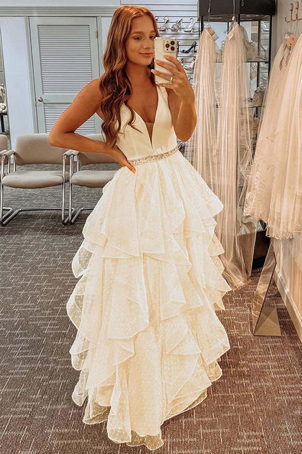 V Neck Layered Yellow Tulle Long Prom Dresses with Belt, V Neck Yellow Formal Graduation Evening Dresses